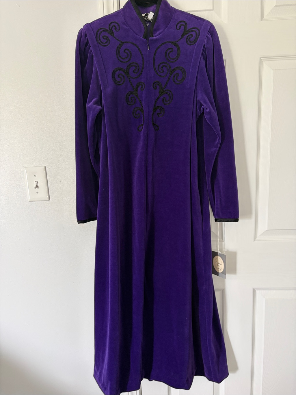 Dior Deep Purple Long Sleeve Velvet Sleep Gown With Black Embroidery